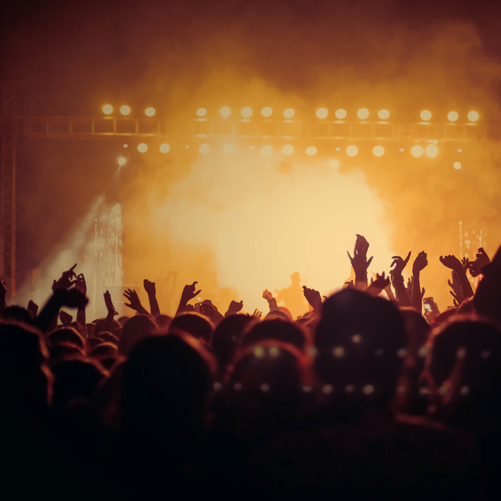 A crowd of people in a dark venue with their hands held aloft