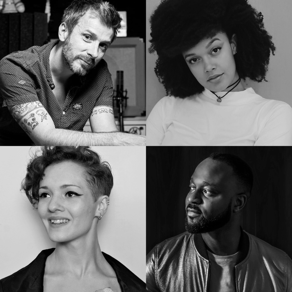 Grid of four images featuring a white man with tattooed arms, a white woman with short hair, a black man wearing a leather jacket, and a black woman wearing a white top/