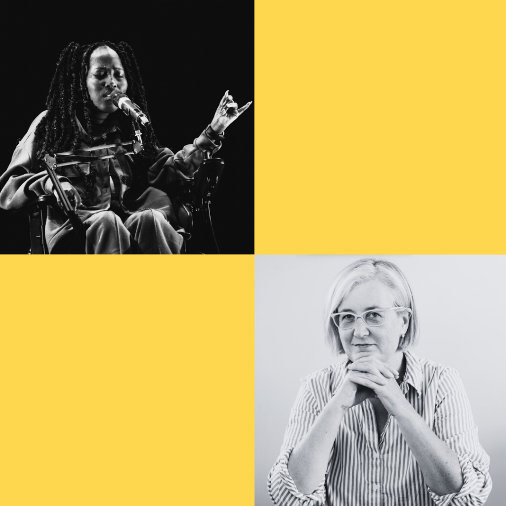 A yellow square with a photo of a seated black woman with shoulder length locks behind a microphone and a photo of a white woman with grey hair and glasses with her hands  interlocked in front of her chin.