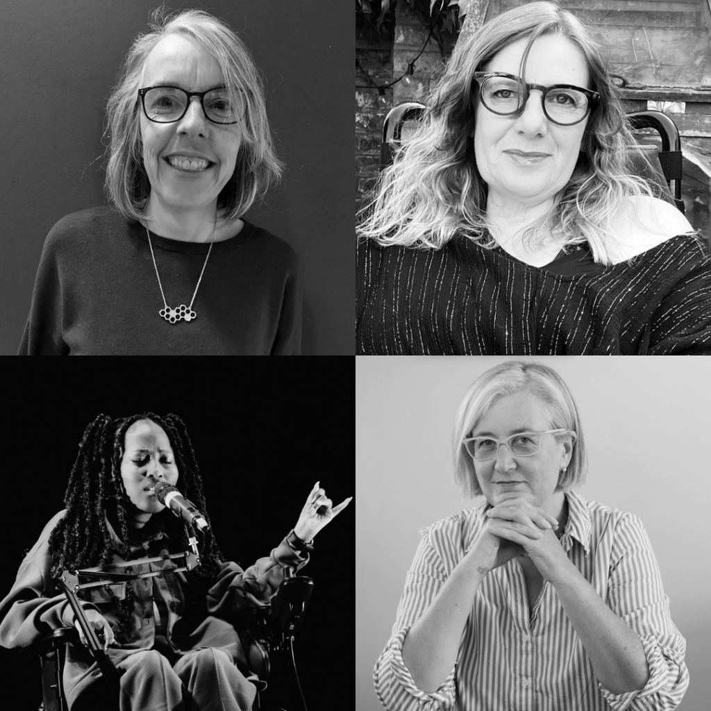 A grid of photos of four women. Three white women wearing glassed with  shoulder length light hair, and one black woman with long twists singing into a microphone.