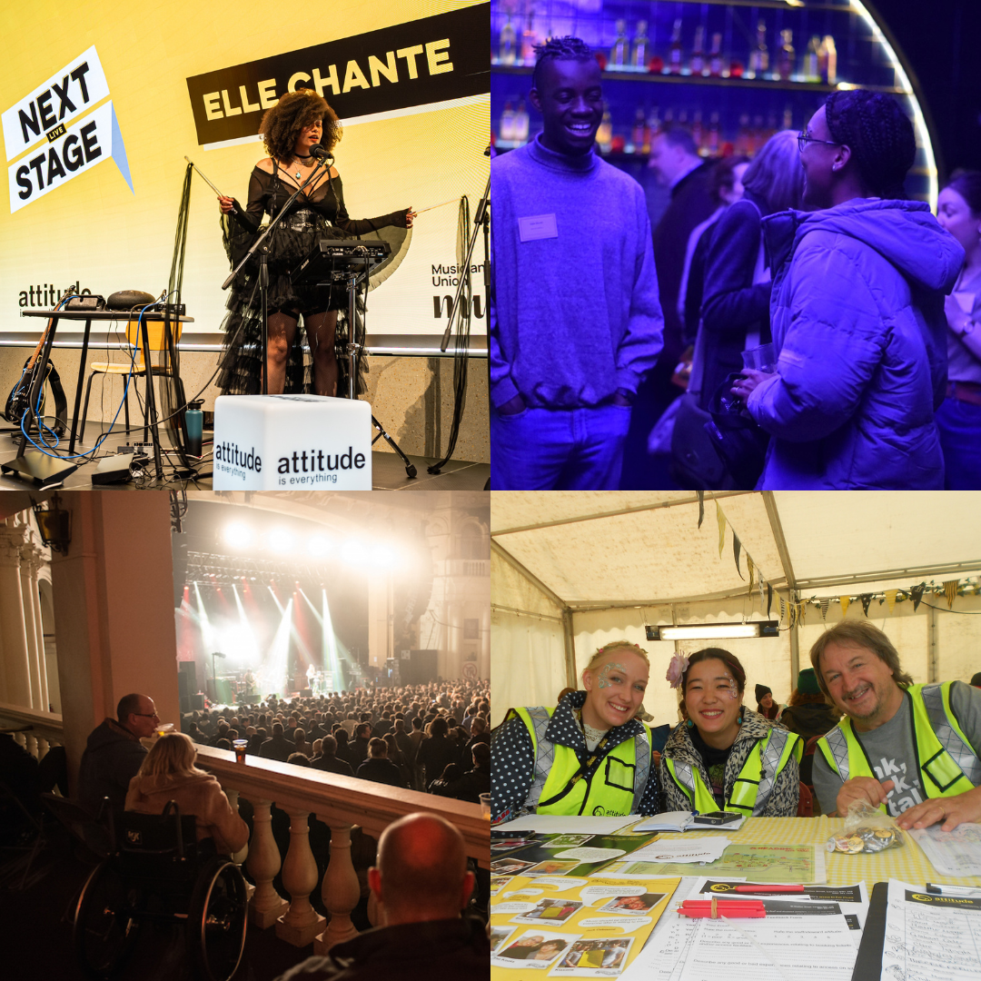 A gird of four photographs of a singer on a stage, people talking at an event, a wheelchair user and companion watching a performance in a venue and three volunteers sat at a table in a tent.