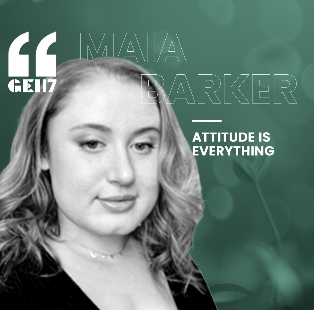 Black and white headshot of Maia Barker from Attitude is Everything, with GEI17 branding. Maia is white and has long curly hair, and wears a thin necklace