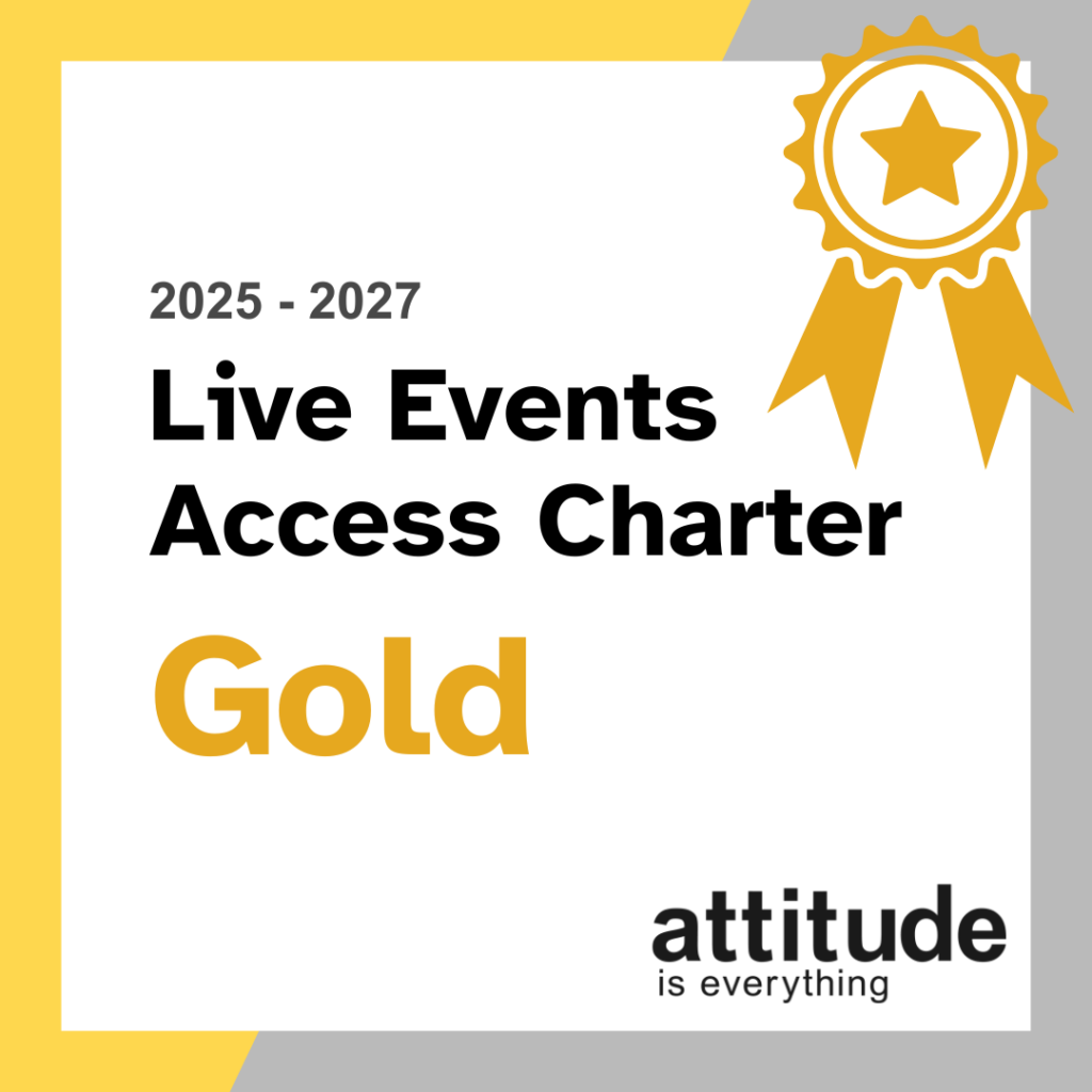 Graphic reads 2025 - 2027 Live Events Access Charter, Gold. An icon of a gold badge sits top right, with the Attitude is Everything logo bottom right